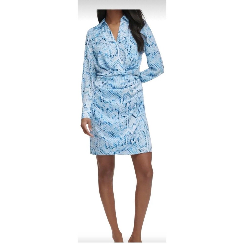 Calvin Klein Women's S Blue/White Animal Print Shirt Dress Long Sleeve Collared